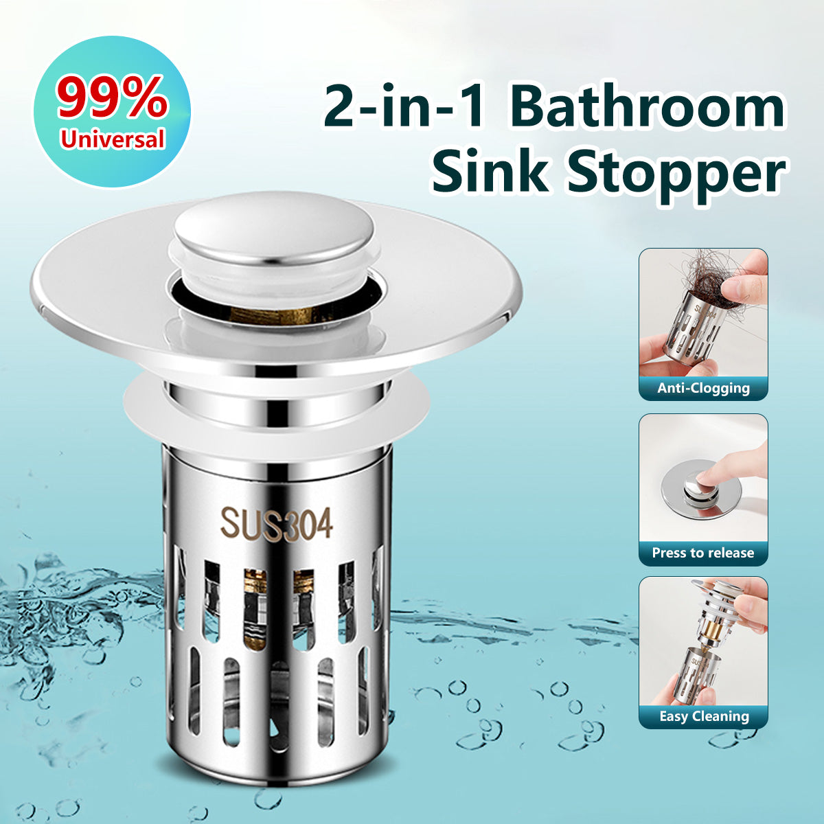 2 In 1 Bathroom Sink Stopper Prevent Clogging Easy Installation Easy to Clean Corrosion Resistance