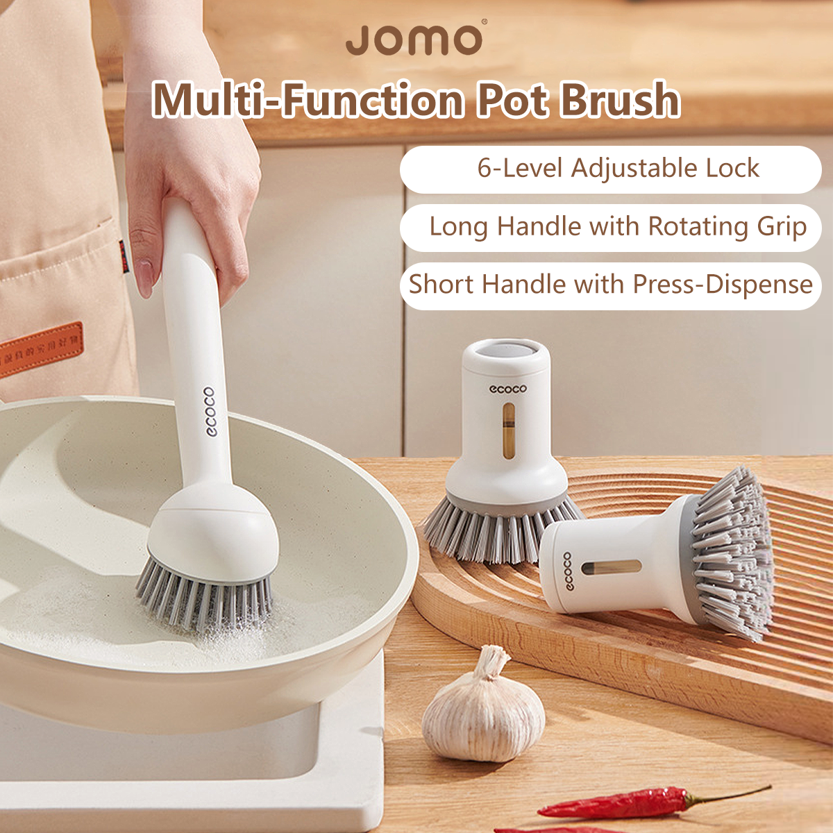 Multi Function Pot Brush Rotating Long-Handle & Refillable Short-Handle Pot Brush Set