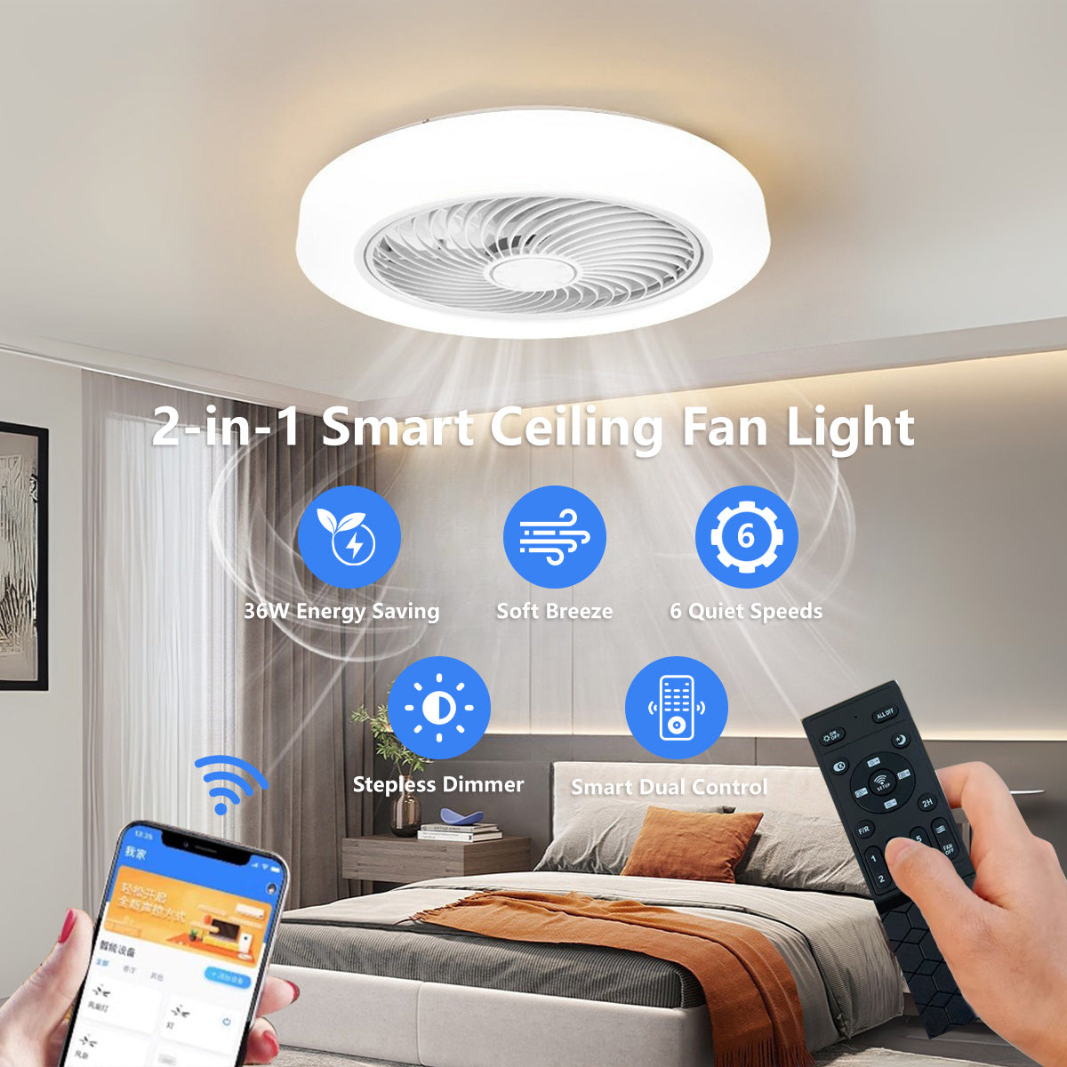 2-in-1 Smart Ceiling Fan Light 45cm - 6 Speed, APP+Remote, 3 Color Lights, Timer for Bedroom