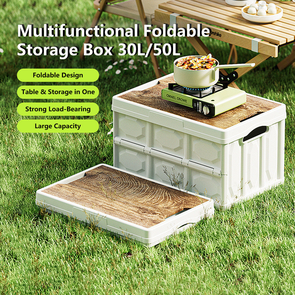 Multifunctional Foldable Storage Box 30L/50L Wooden Lid Space Saving Multi Use Organizer Camping Storage and Table