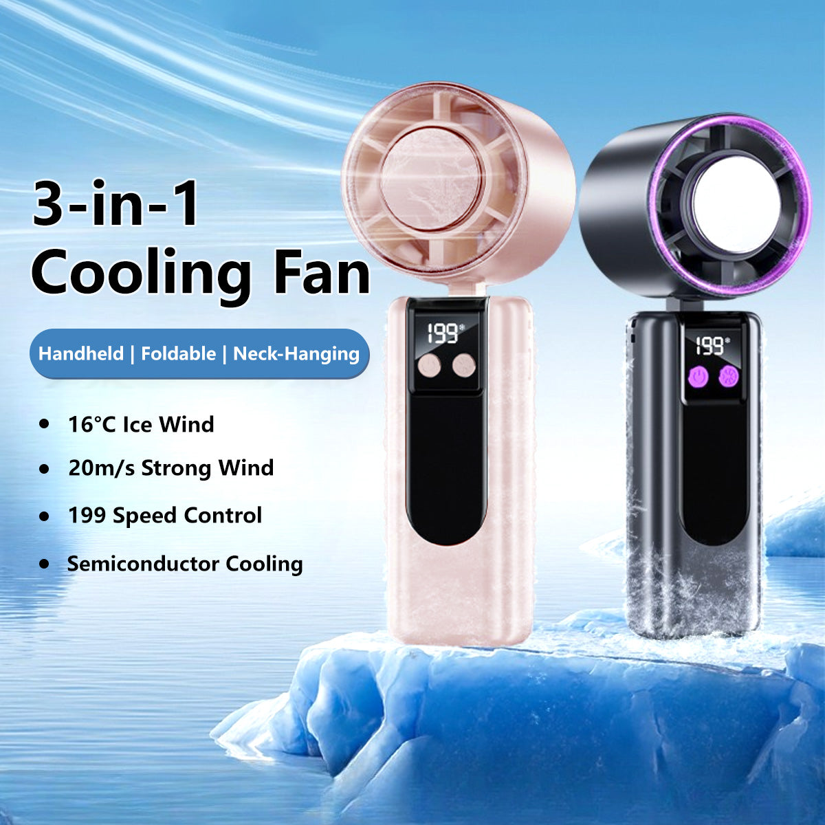3-in-1 Cooling Fan 199-Level Cooling Portable Handheld Desktop USB Rechargeable Lanyard Easy Carry