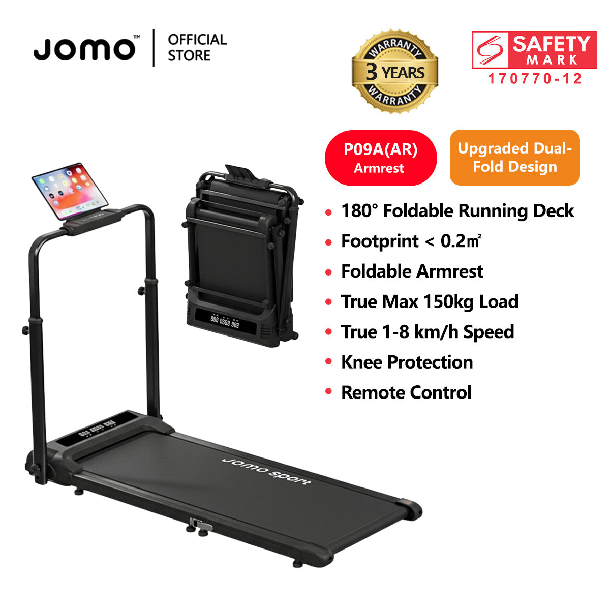 JOMO 2 in 1 Foldable Treadmill | 150kg Load | 3HP Motor | Remote Control | Home Use
