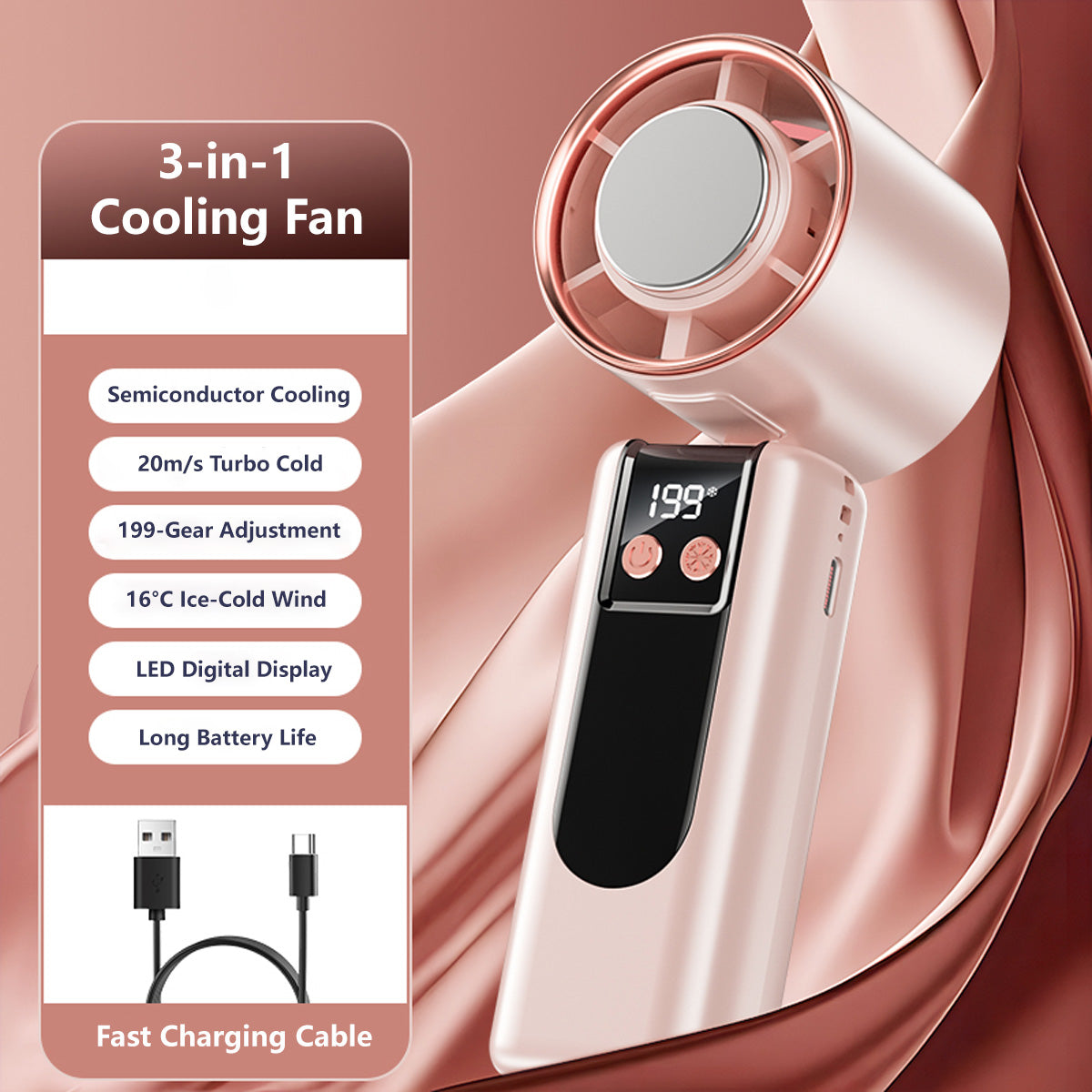 3-in-1 Cooling Fan 199-Level Cooling Portable Handheld Desktop USB Rechargeable Lanyard Easy Carry