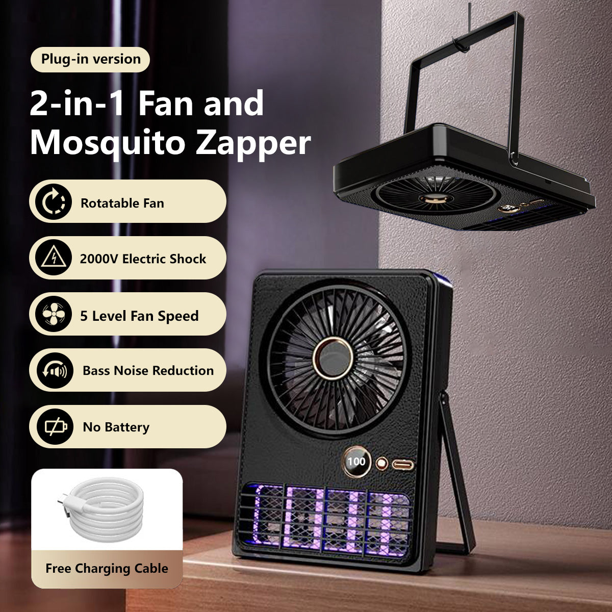 2-in-1 Fan and Mosquito Zapper Portable Rechargeable Plug-in 5-Level Cooling 2000V Bug Zapper Type-C Charging