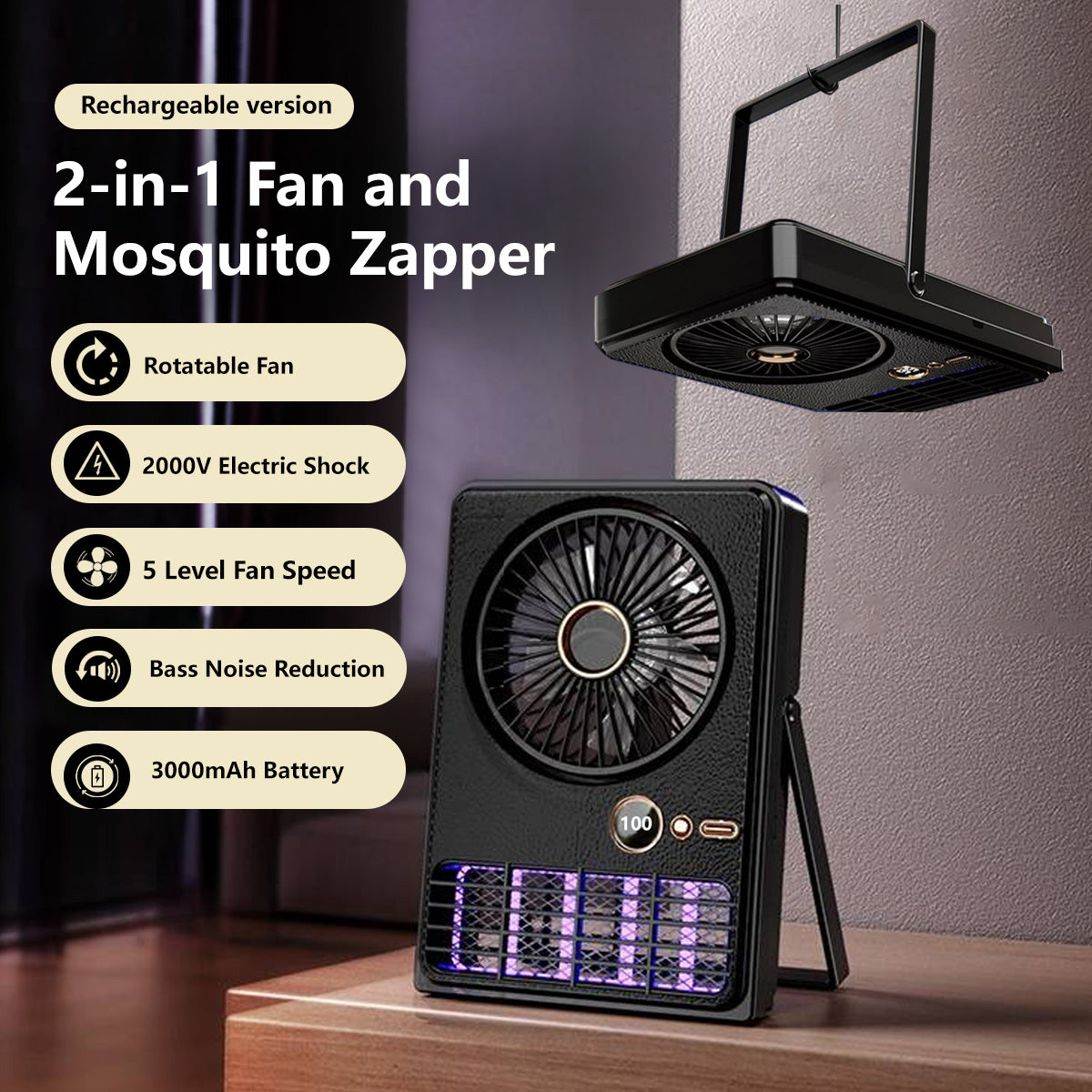 2-in-1 Fan and Mosquito Zapper Portable Rechargeable Plug-in 5-Level Cooling 2000V Bug Zapper Type-C Charging