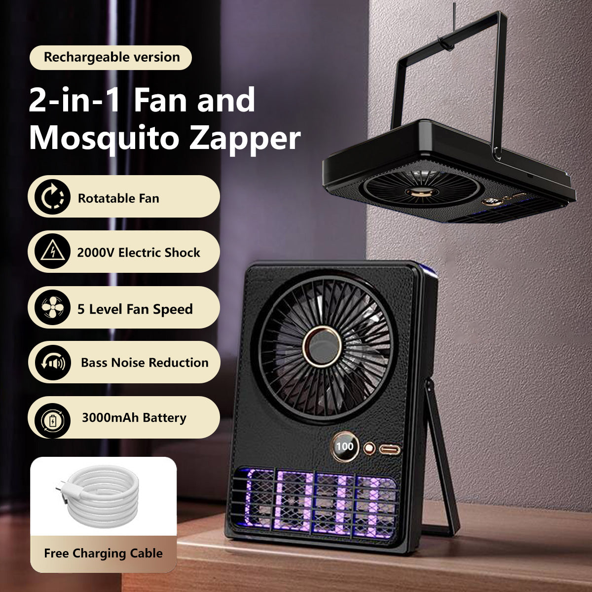2-in-1 Fan and Mosquito Zapper Portable Rechargeable Plug-in 5-Level Cooling 2000V Bug Zapper Type-C Charging