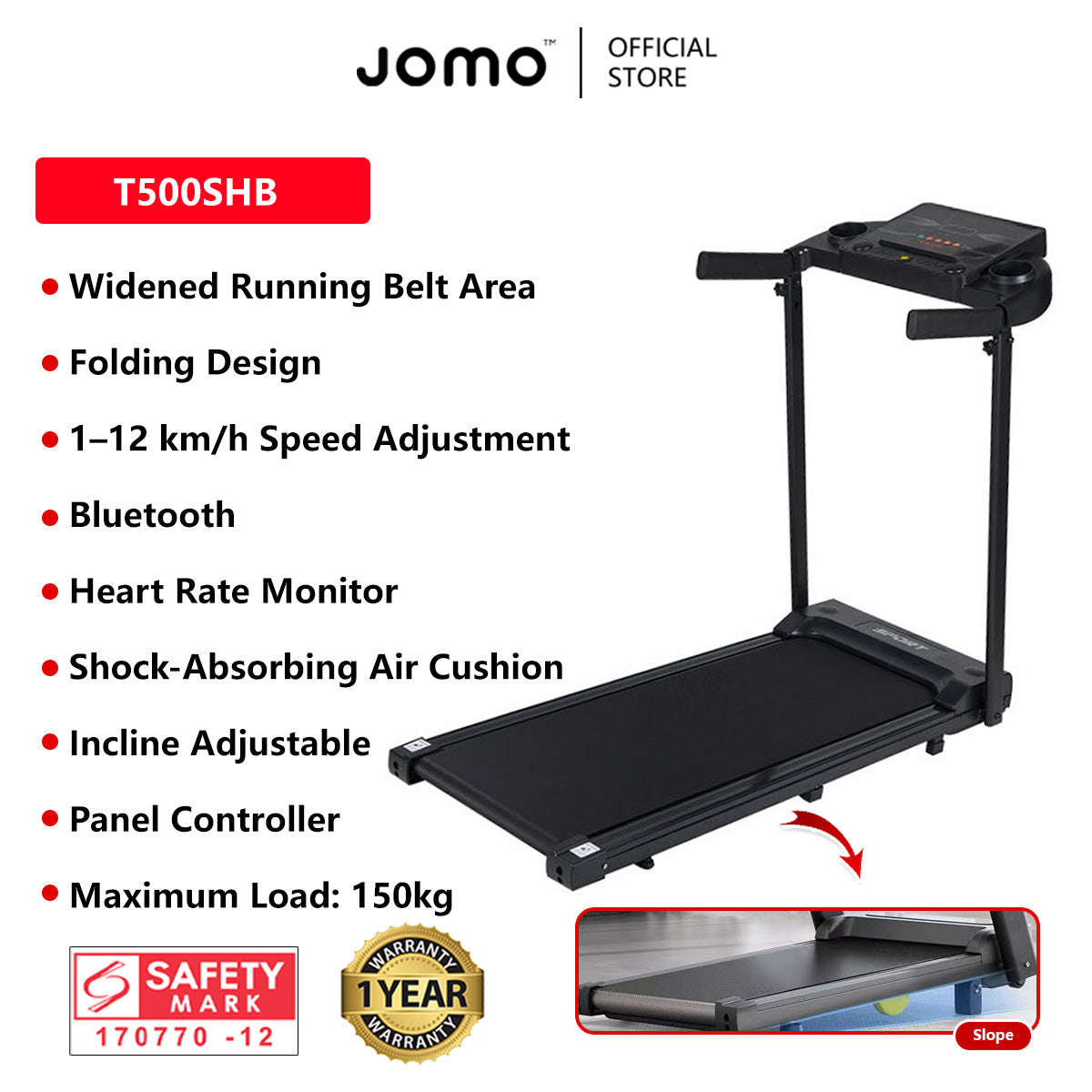 Smart Foldable Treadmill Adjustable Incline, Shock Absorption, Heart Rate & Bluetooth