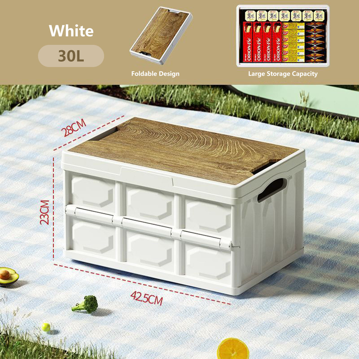 Multifunctional Foldable Storage Box 30L/50L Wooden Lid Space Saving Multi Use Organizer Camping Storage and Table