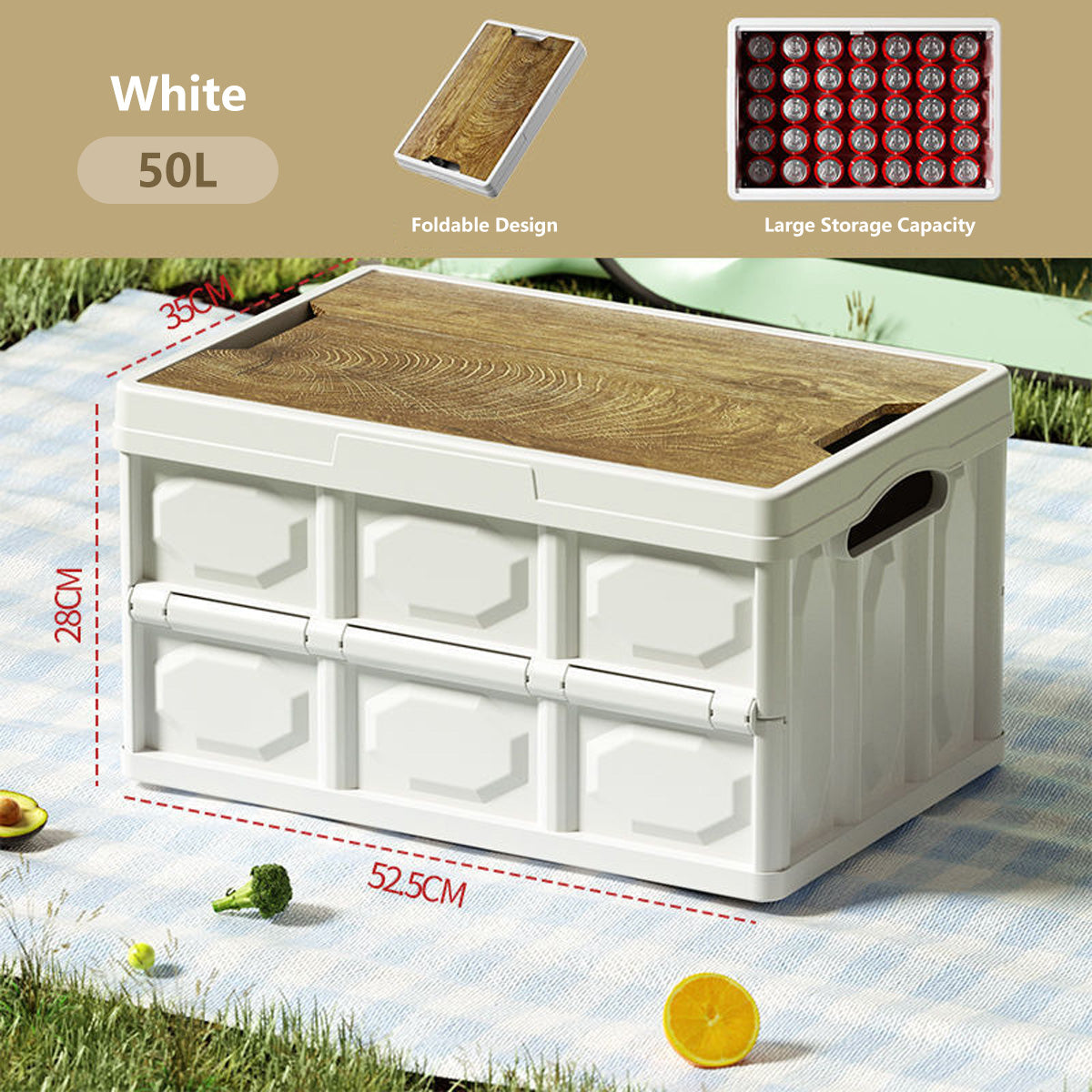Multifunctional Foldable Storage Box 30L/50L Wooden Lid Space Saving Multi Use Organizer Camping Storage and Table