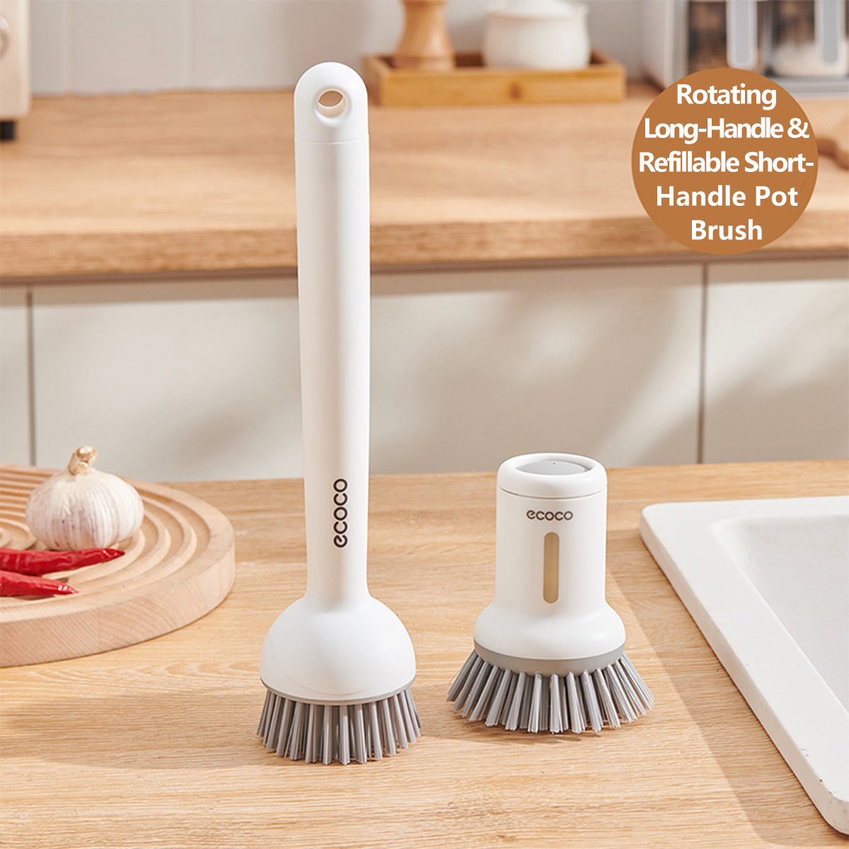 Multi Function Pot Brush Rotating Long-Handle & Refillable Short-Handle Pot Brush Set