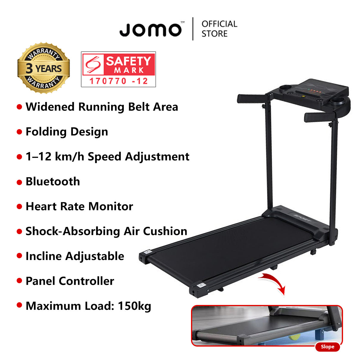 Smart Foldable Treadmill Adjustable Incline, Shock Absorption, Heart Rate & Bluetooth