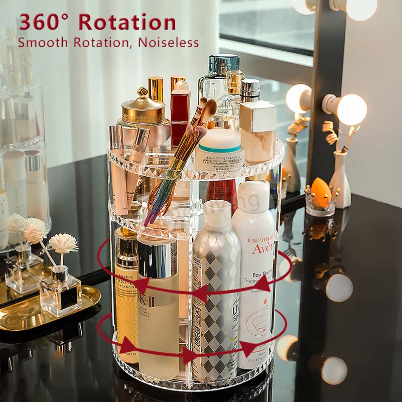 360° Rotation Makeup Storage Box Makeup Storage Removable Dividers Diamond Texture