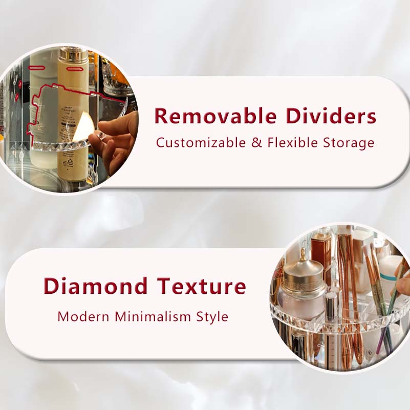 360° Rotation Makeup Storage Box Makeup Storage Removable Dividers Diamond Texture
