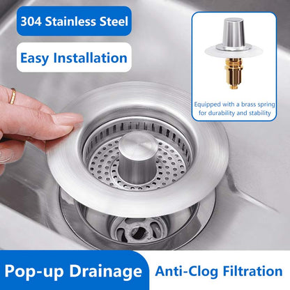 3 in 1 Kitchen Sink Drain Strainer Stainless Steel Basket, Stopper & Filter