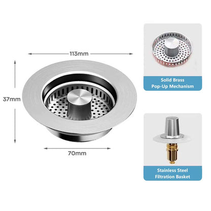 3 in 1 Kitchen Sink Drain Strainer Stainless Steel Basket, Stopper & Filter