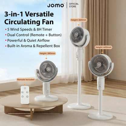 JOMO Cordless Floor Fan Oscillating Quiet Remote Timer USB Adjustable Standing Air Circulator Fan 空气循环扇