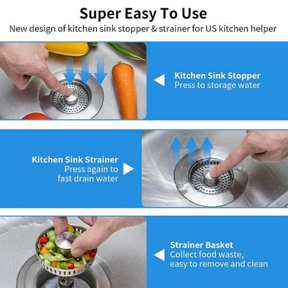 3 in 1 Kitchen Sink Drain Strainer Stainless Steel Basket, Stopper & Filter