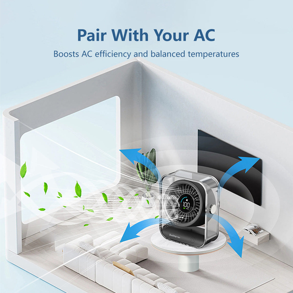 Rechargeable Desktop Fan 7-Blade Tornado Fan Ultra-Powerful Desktop Fan Long Range Cooling Wide Airflow Low Noise