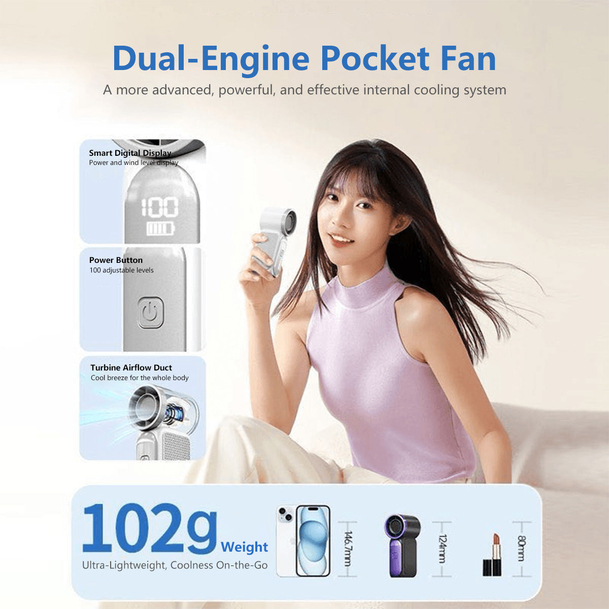 Portable Handheld Fan Strong Wind 100 Gear Wind Speed Compact Travel Fan Mini Fan USB Rechargeable Fan Digital Display