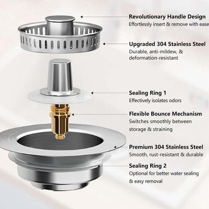 3 in 1 Kitchen Sink Drain Strainer Stainless Steel Basket, Stopper & Filter
