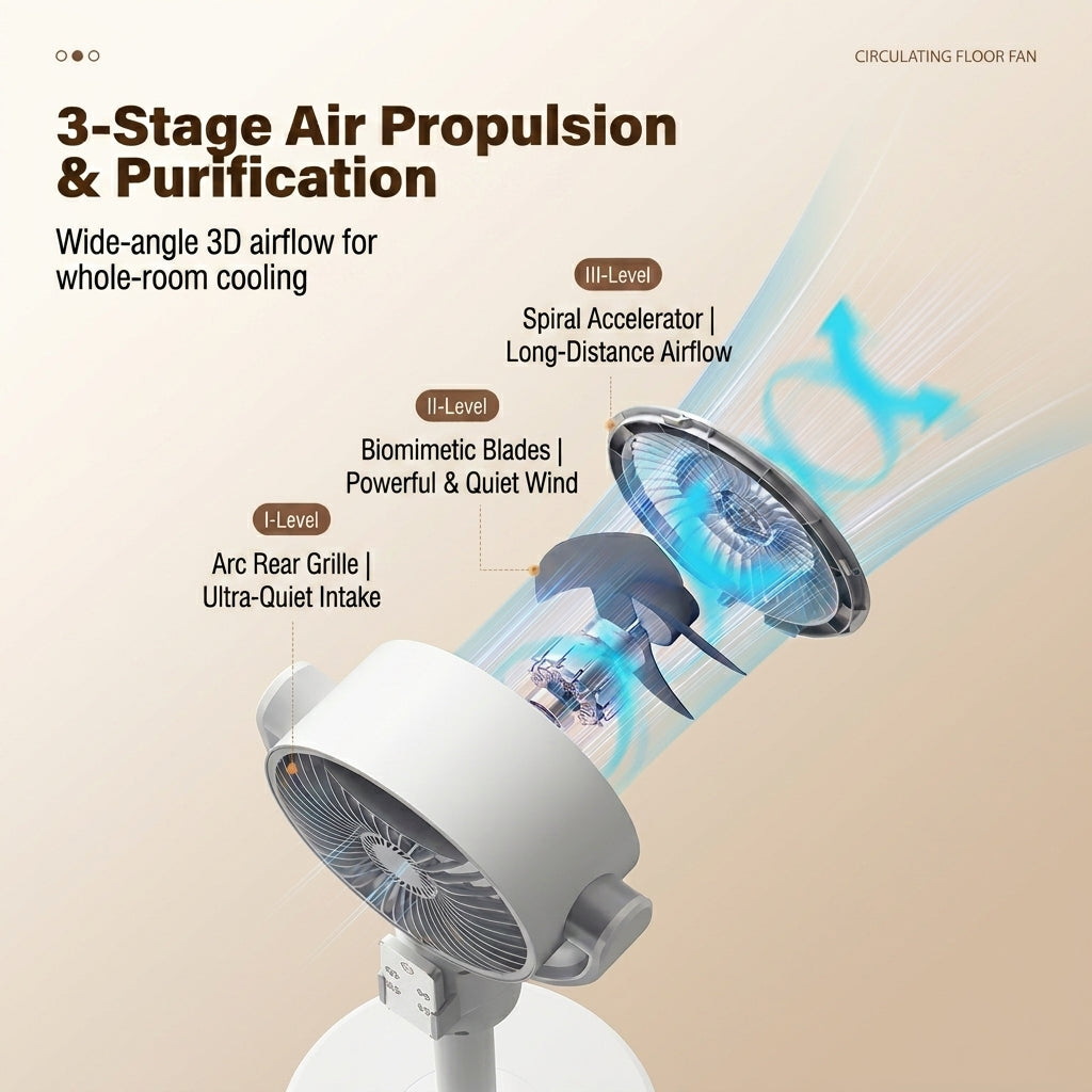 JOMO Cordless Floor Fan Oscillating Quiet Remote Timer USB Adjustable Standing Air Circulator Fan 空气循环扇