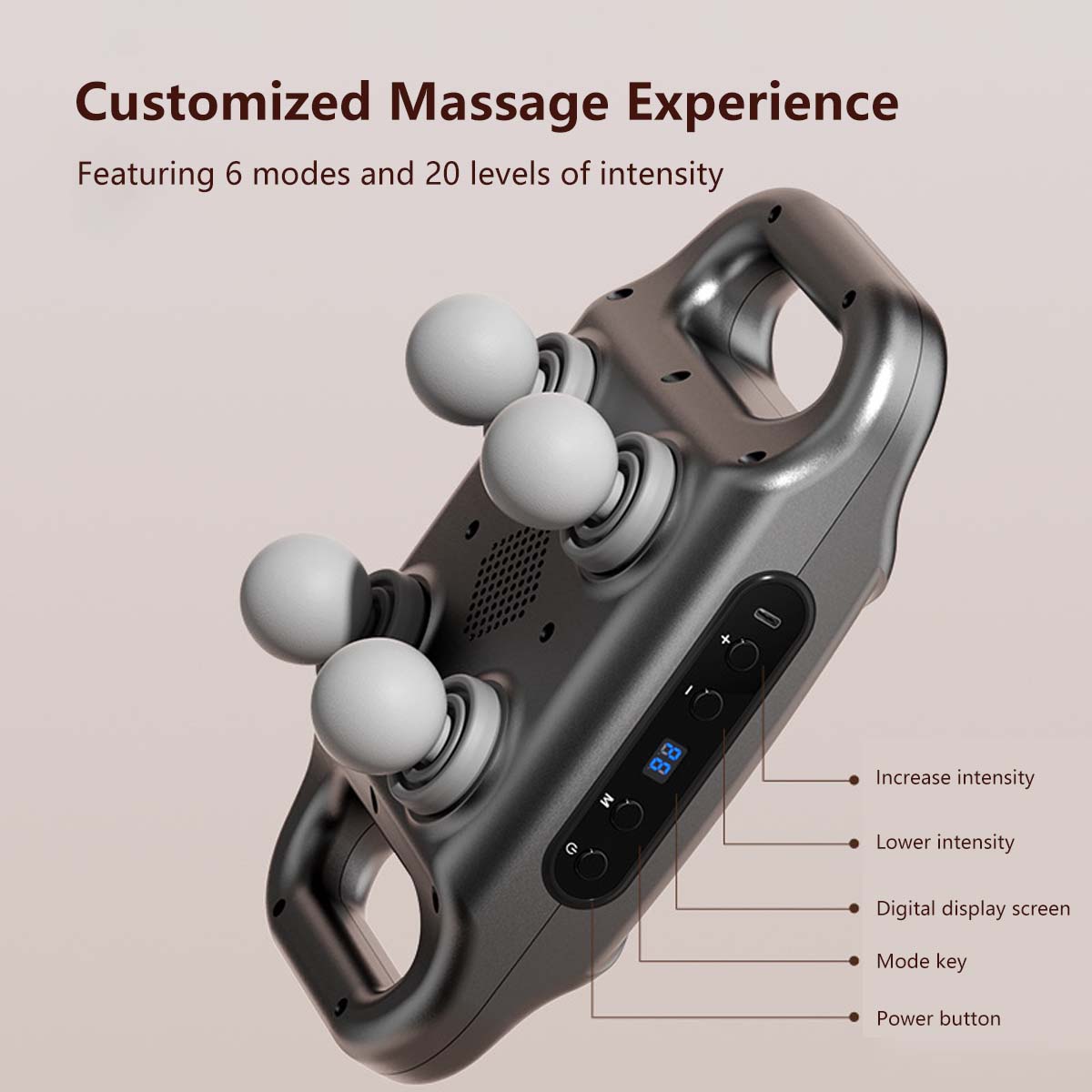 High Intensity 4 Head Body Massage Gun 6 Massage Modes 20 Level of Intensity Type-C Charging