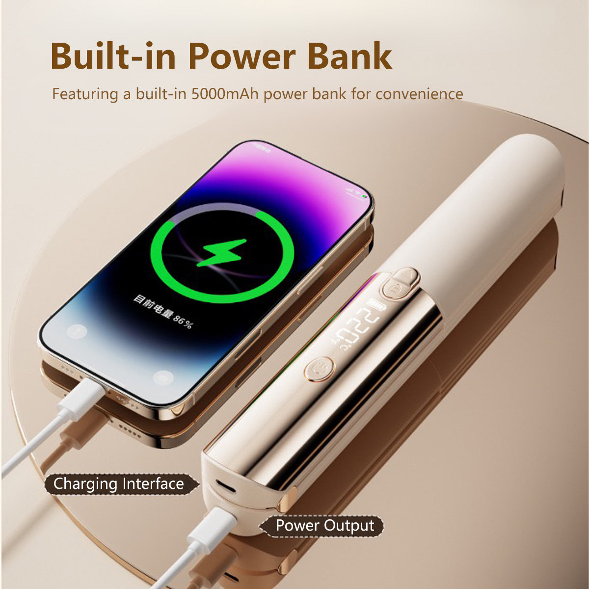 2-in-1 Mini Wireless Hair Straightener 7 Level Portable Type-C Rechargeable Power Bank