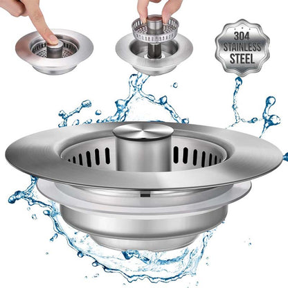 3 in 1 Kitchen Sink Drain Strainer Stainless Steel Basket, Stopper & Filter