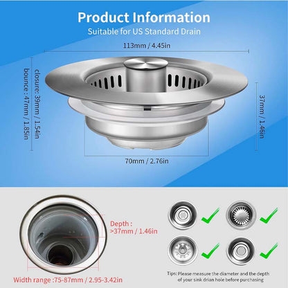 3 in 1 Kitchen Sink Drain Strainer Stainless Steel Basket, Stopper & Filter