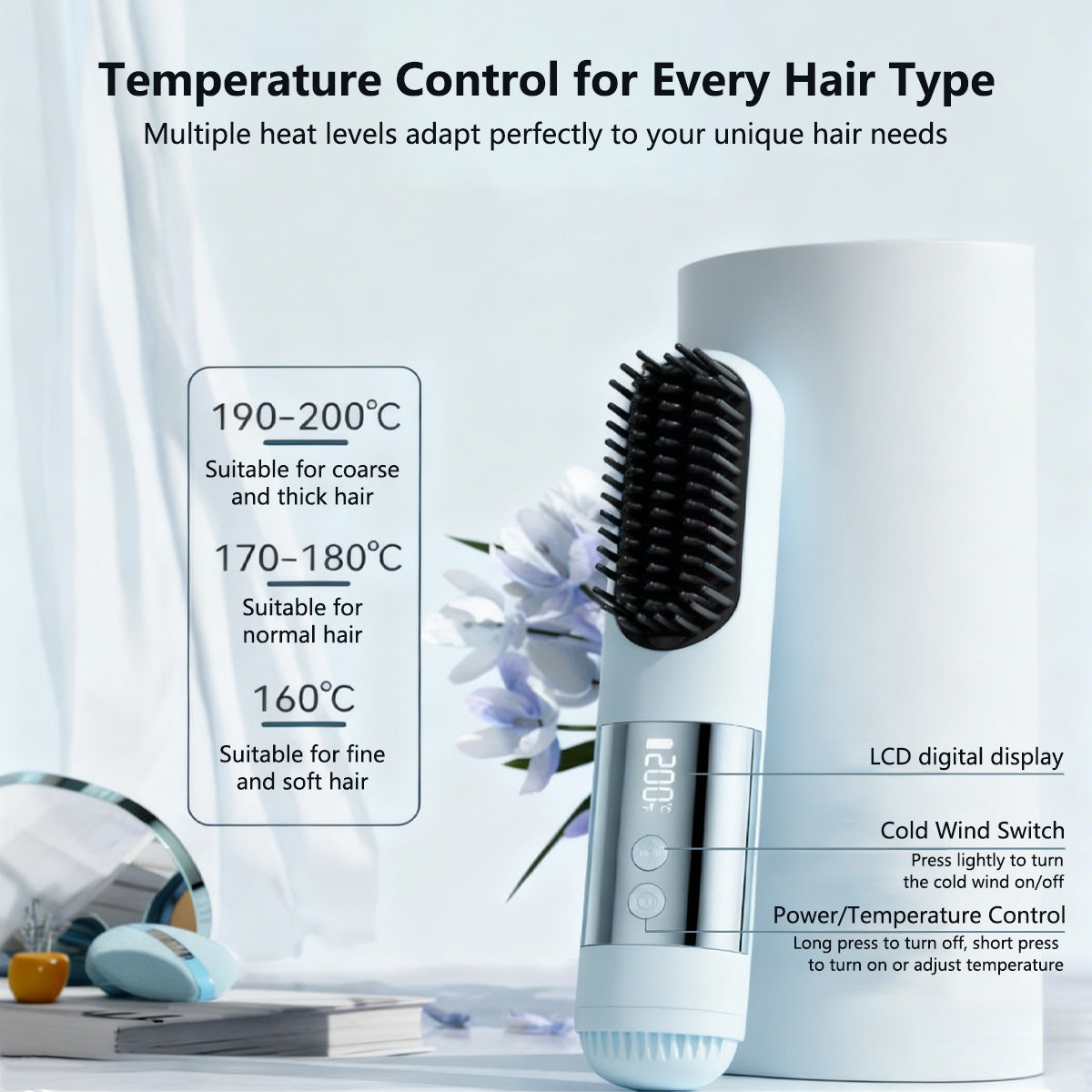 2-in-1 Cordless Cool-Air Styling Brush Portable Cordless Hair Straightener Curler