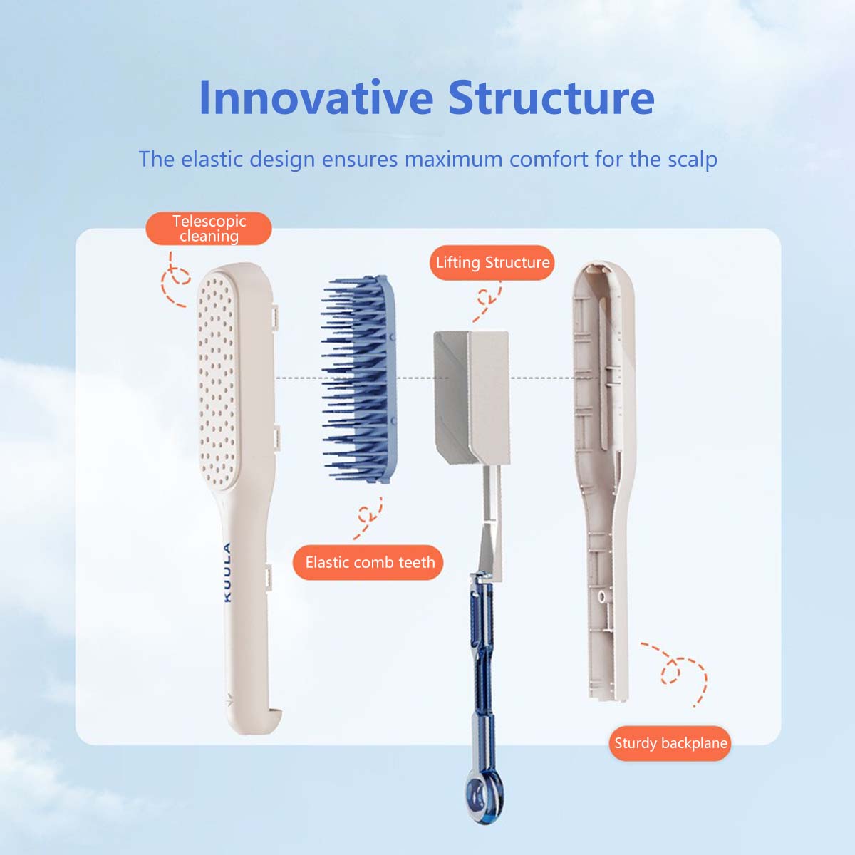 Portable Retractable Comb Elastic Comb Teeth Self Cleaning Extended Handle