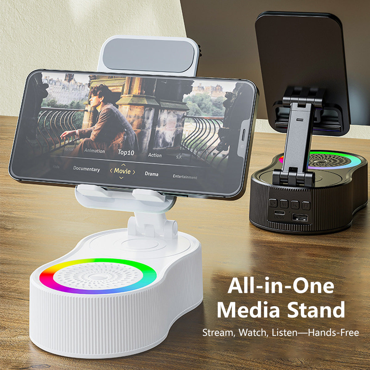 ✨4-in-1 Bluetooth Speaker Stand – 1800mAh Battery RGB Light, 360° Rotate, Foldable & Phone Holder