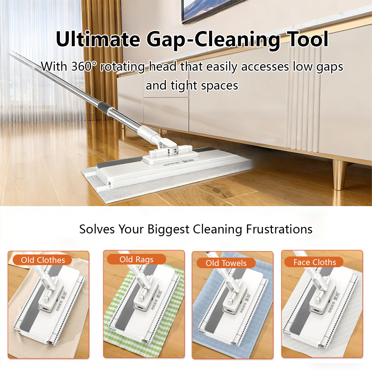 Wide-Panel Automatic Cloth Clip Mop 90–135cm with 2 Mop Pads Large PP Panel Stainless Steel