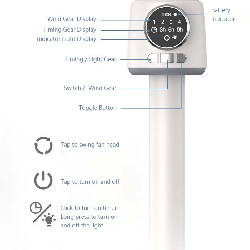 Air Circulation Fan Adjustable Height 5 Gear Wind Level 3 Level Timer Type-C Charging Build in Light