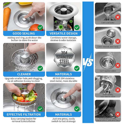 3 in 1 Kitchen Sink Drain Strainer Stainless Steel Basket, Stopper & Filter