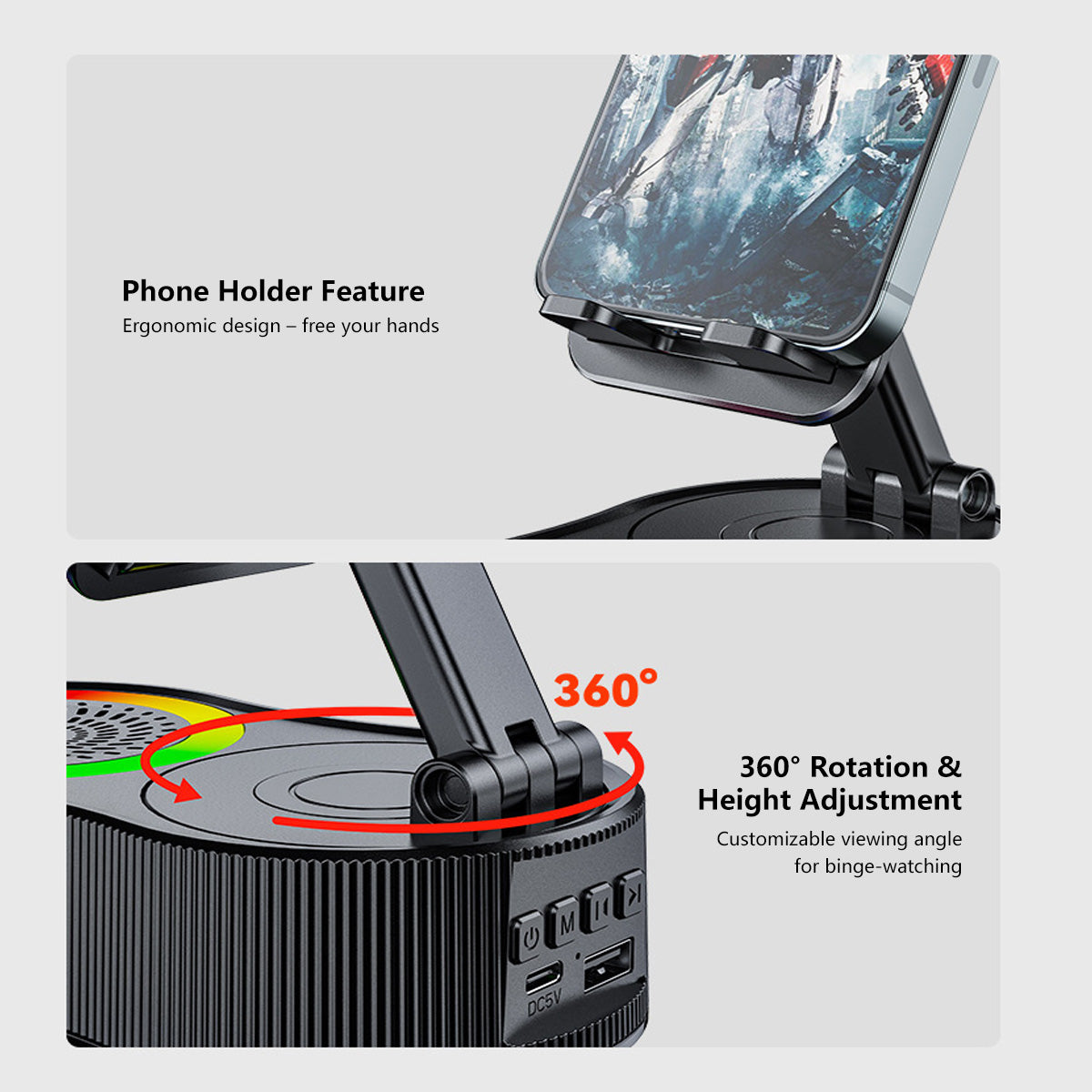✨4-in-1 Bluetooth Speaker Stand – 1800mAh Battery RGB Light, 360° Rotate, Foldable & Phone Holder
