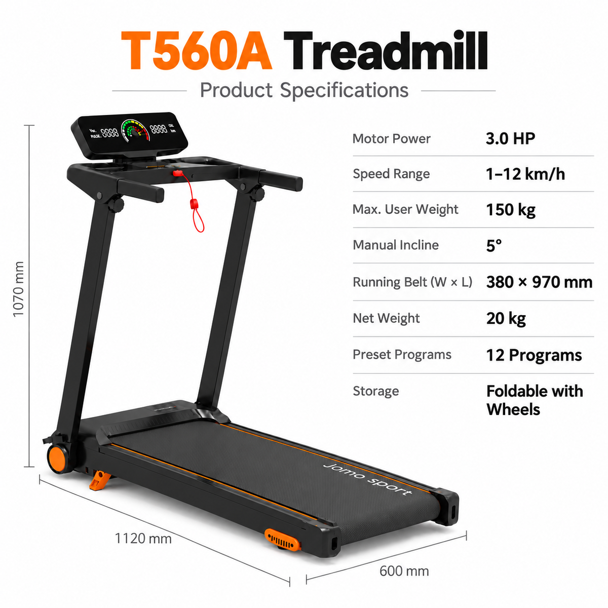 JOMO T560A Foldable Treadmill Walking Pad 1-12km/h 150kg Home Gym Fitness Running Machine 跑步机