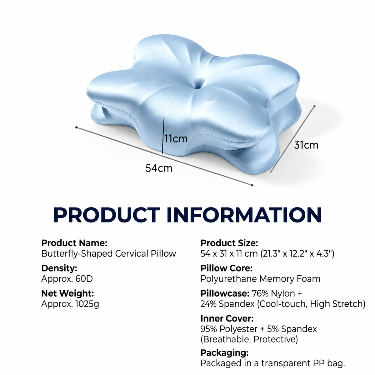 JOMO Premium Butterfly Cervical Pillow Tencel Cool Ergonomic Neck Support Memory Foam Ice Satin