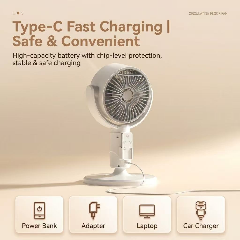 JOMO Cordless Floor Fan Oscillating Quiet Remote Timer USB Adjustable Standing Air Circulator Fan 空气循环扇