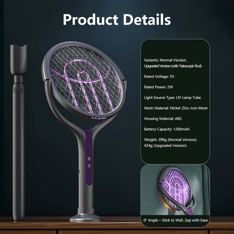2-in-1 Extendable Mosquito Zapper – High Voltage, Silent Mode, Type-C Charging, Foldable Head, Safe for Home Use