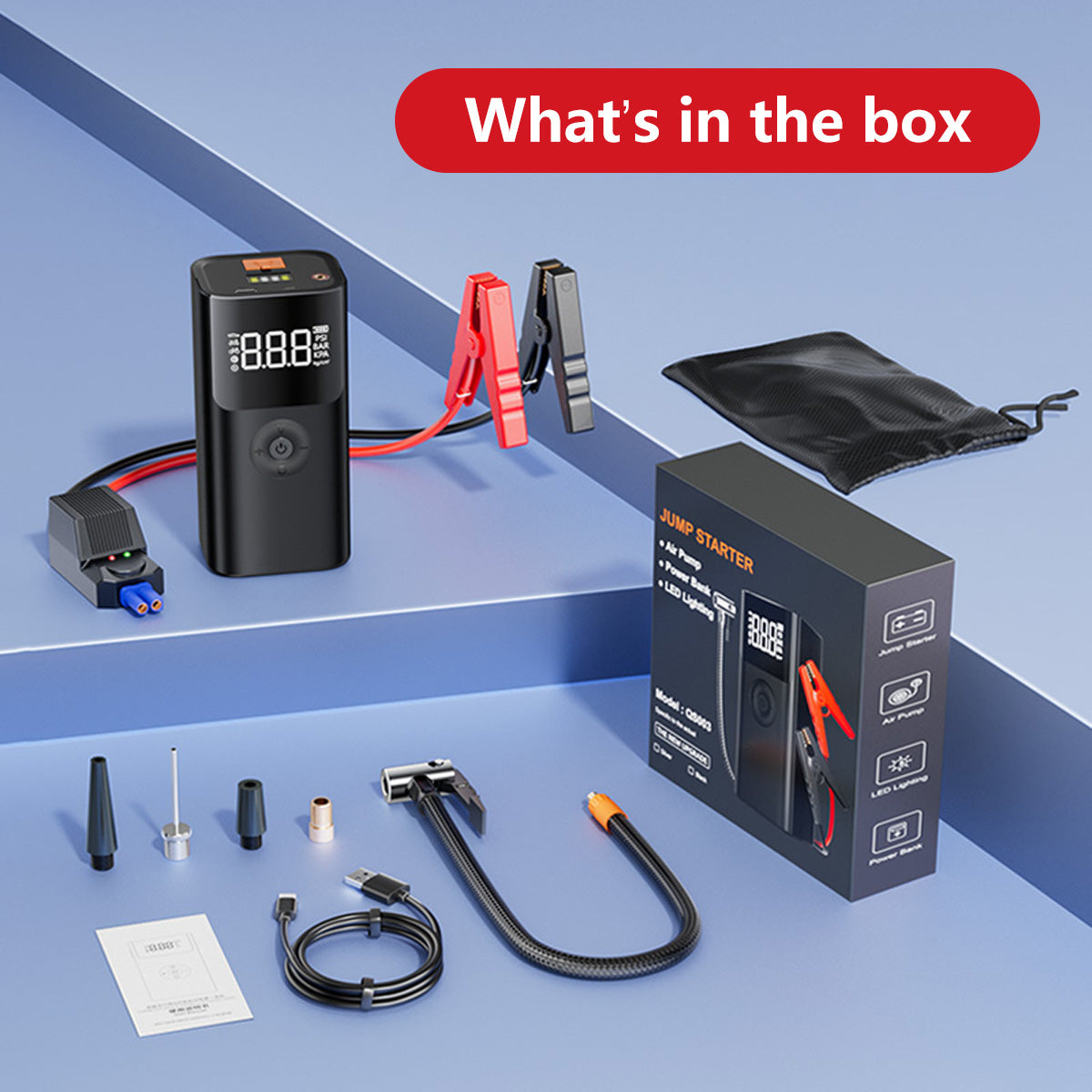 Portable Inflatable Emergency Power Supply Emergency Jump Starter Air Pump PowerBank Emergency Light