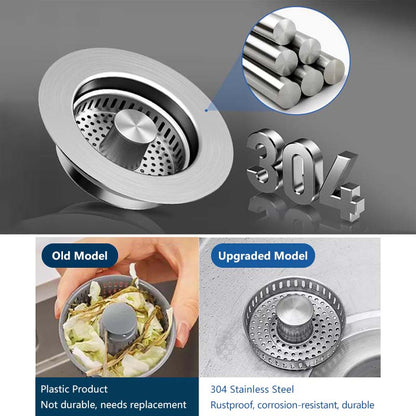 3 in 1 Kitchen Sink Drain Strainer Stainless Steel Basket, Stopper & Filter