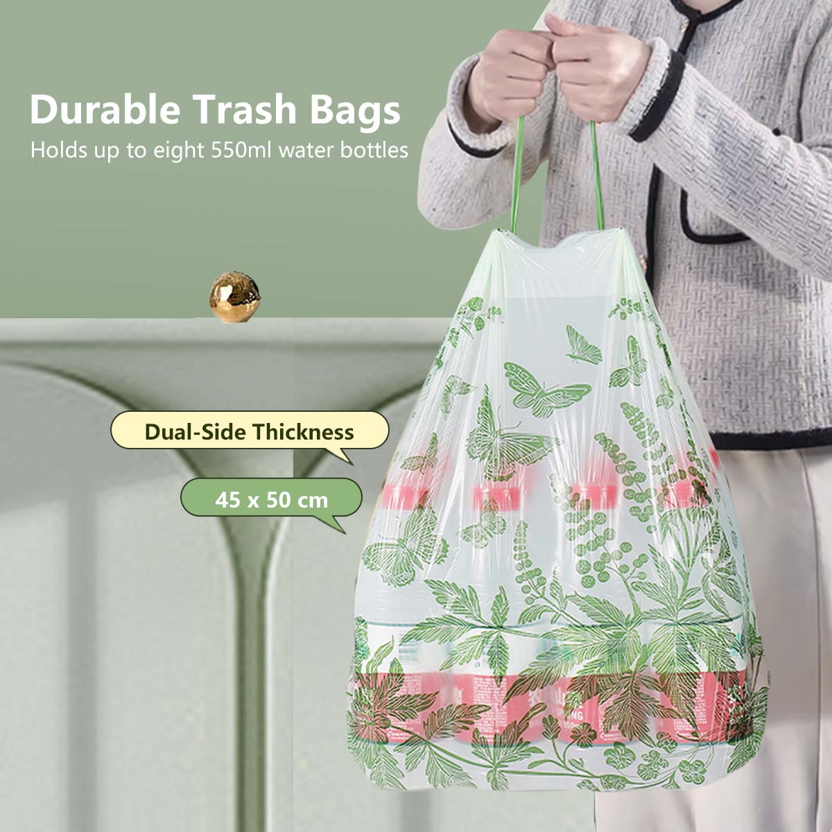 Tear-Free Drawstring Trash Bags Herbal Mugwort Aroma Durable Trash Bags Leak-Proof (90 Pieces / Pack)