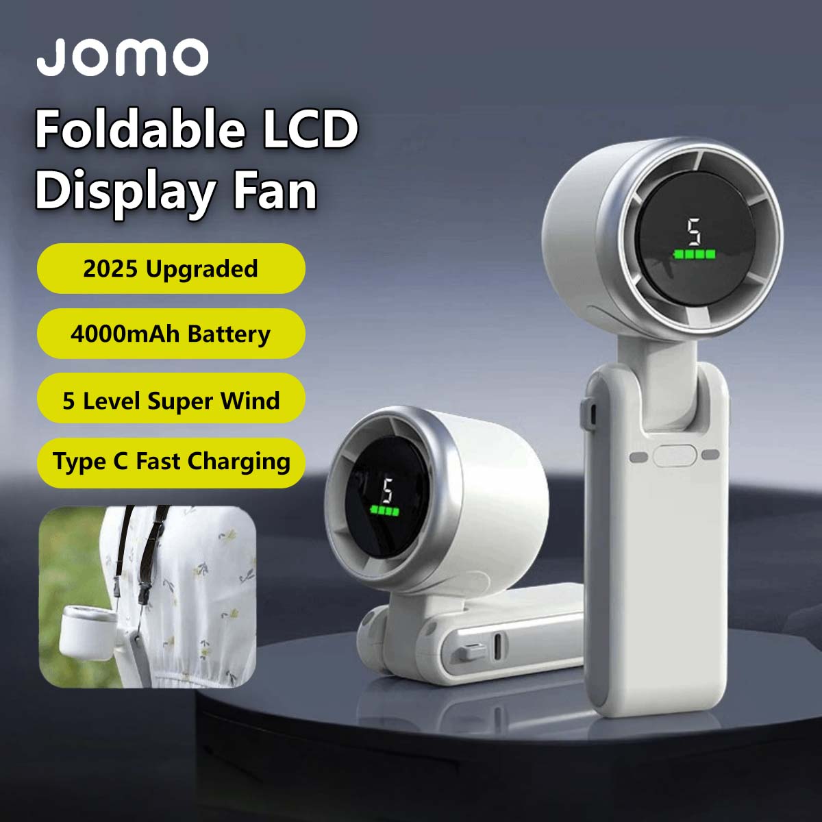 Foldable LCD Display Fan – 5 Speeds, Rechargeable, Lightweight, Hands-Free, Quiet Personal Fan with Type-C Charging