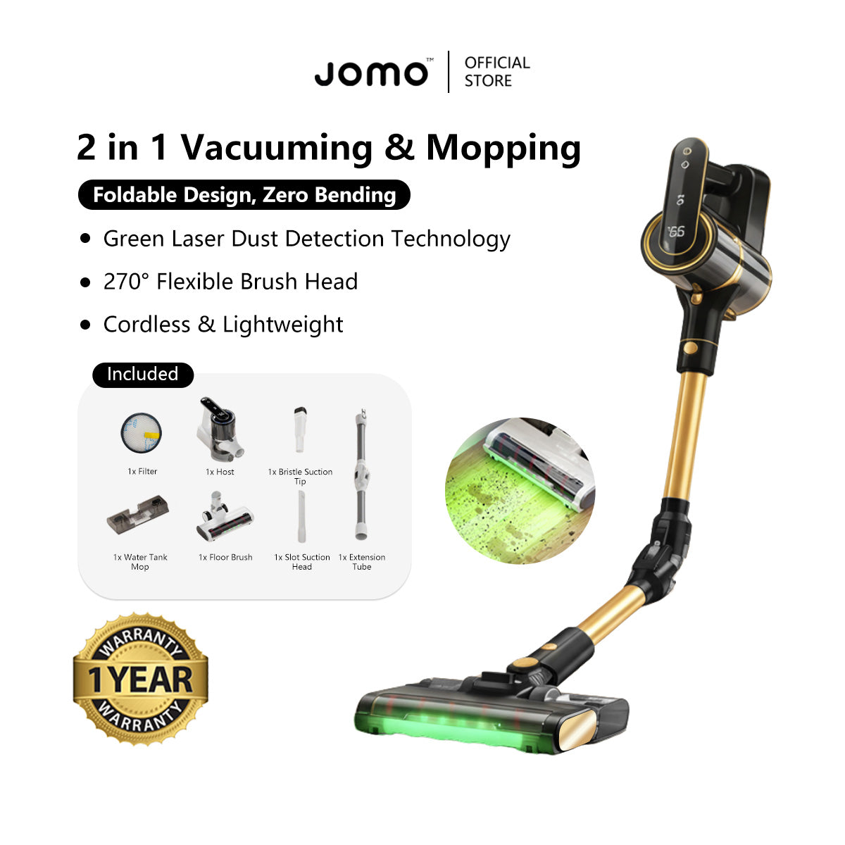 JOMO 2 in 1 Vacuuming & Mopping Vacuum 20000pa Suction Power 270° Swivel Smart LED Lasting Battery