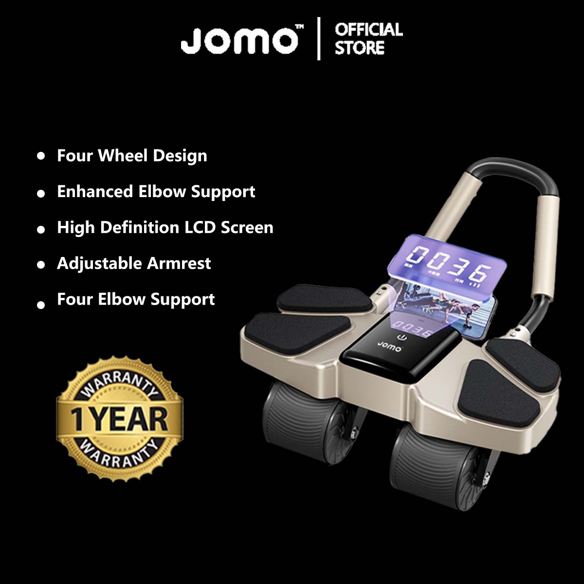 Upgraded JOMO Four Wheel Abdominal Wheel Roller Widened Wheel Base Adjustable Armrest