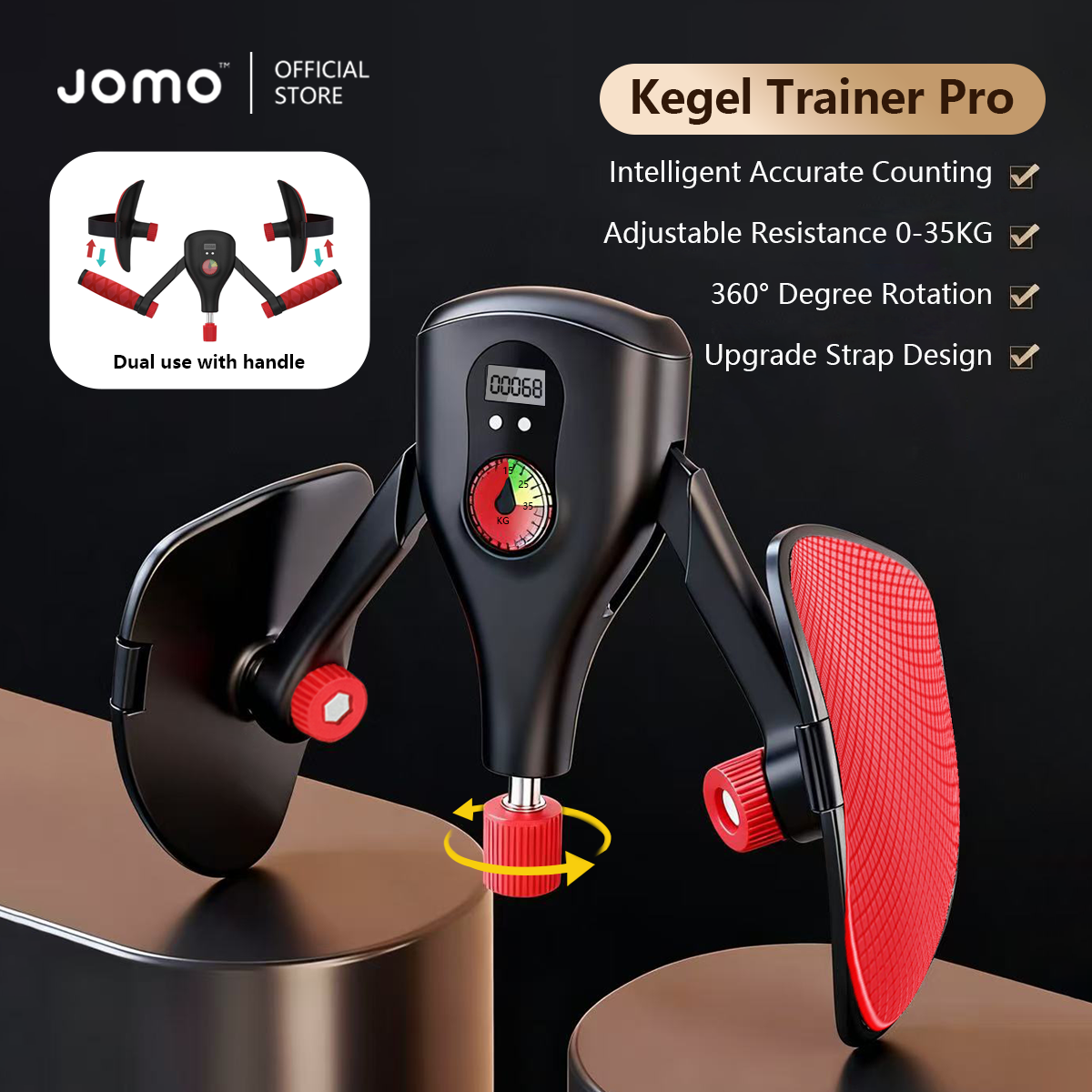 JOMO Kegel Trainer Pro 0-35kg Auto Rep Counting Adjustable Resistance Upgraded Strip Design 360 Rotation