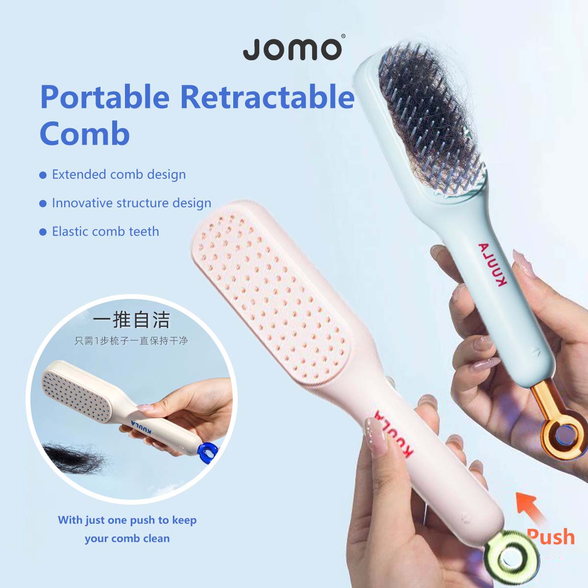 Portable Retractable Comb Elastic Comb Teeth Self Cleaning Extended Handle