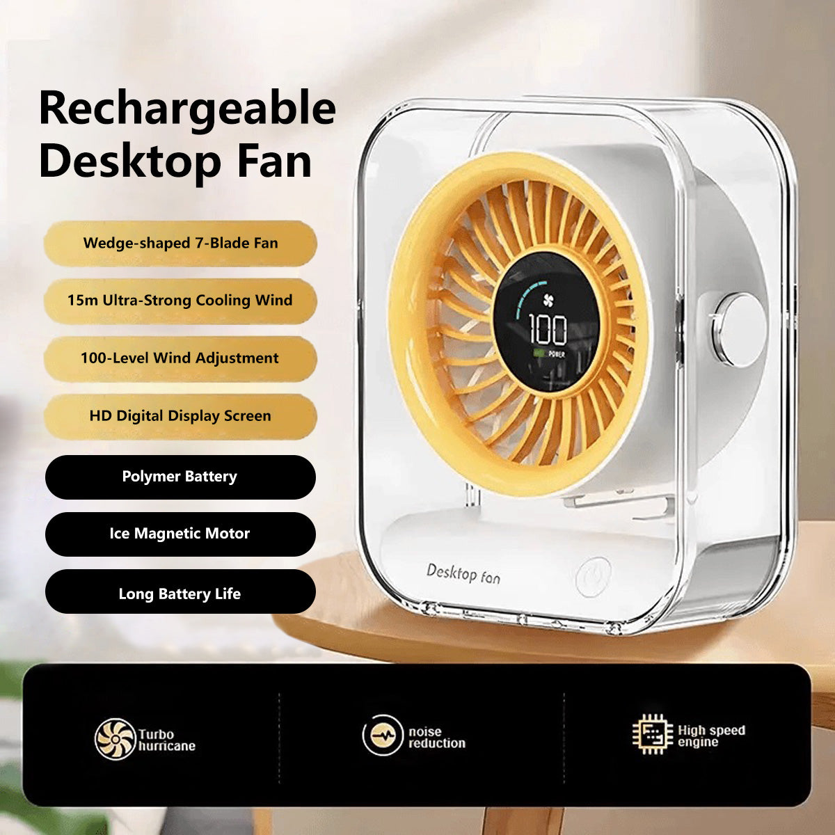 Rechargeable Desktop Fan 7-Blade Tornado Fan Ultra-Powerful Desktop Fan Long Range Cooling Wide Airflow Low Noise