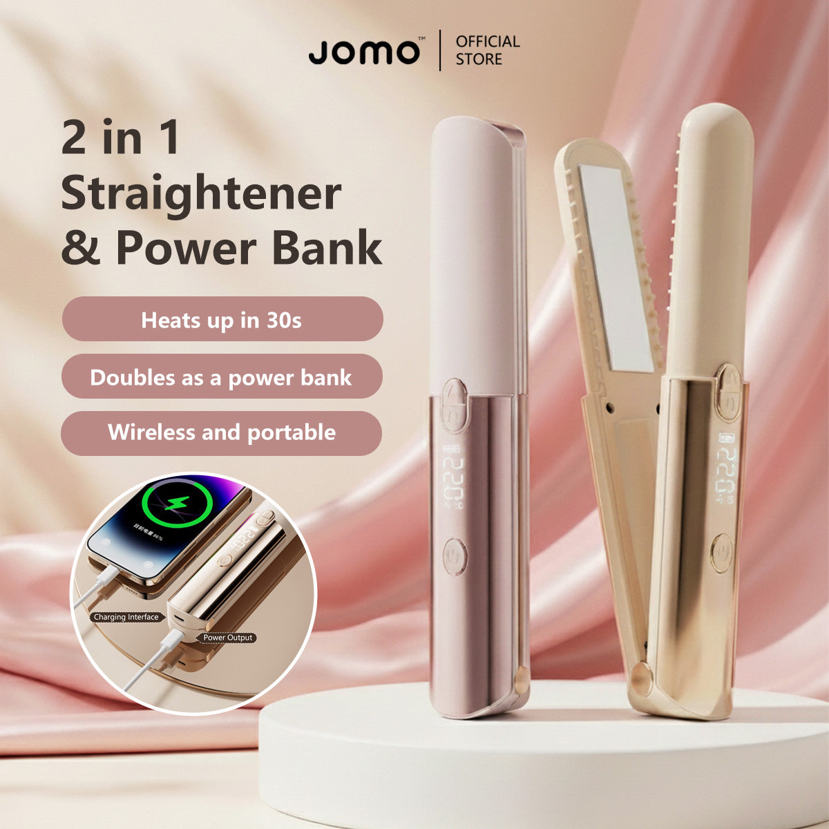 2-in-1 Mini Wireless Hair Straightener 7 Level Portable Type-C Rechargeable Power Bank